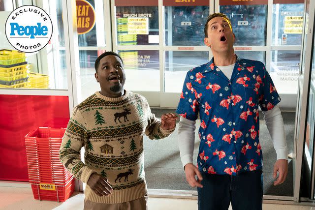 <p>Columbia Pictures</p> Lil Rel Howery and Zachary Levi in "Harold and the Purple Crayon"