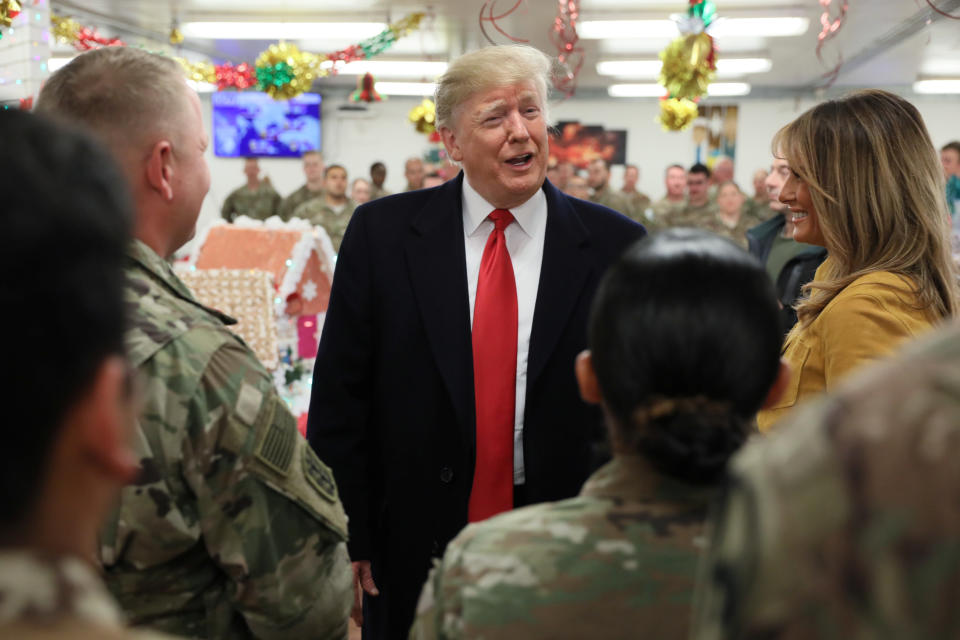 President Trump and first lady Melania Trump greet military personnel at the dining facility at Al Asad Air Base, Iraq, on Dec. 26, 2018. (Photo: Jonathan Ernst/Reuters)