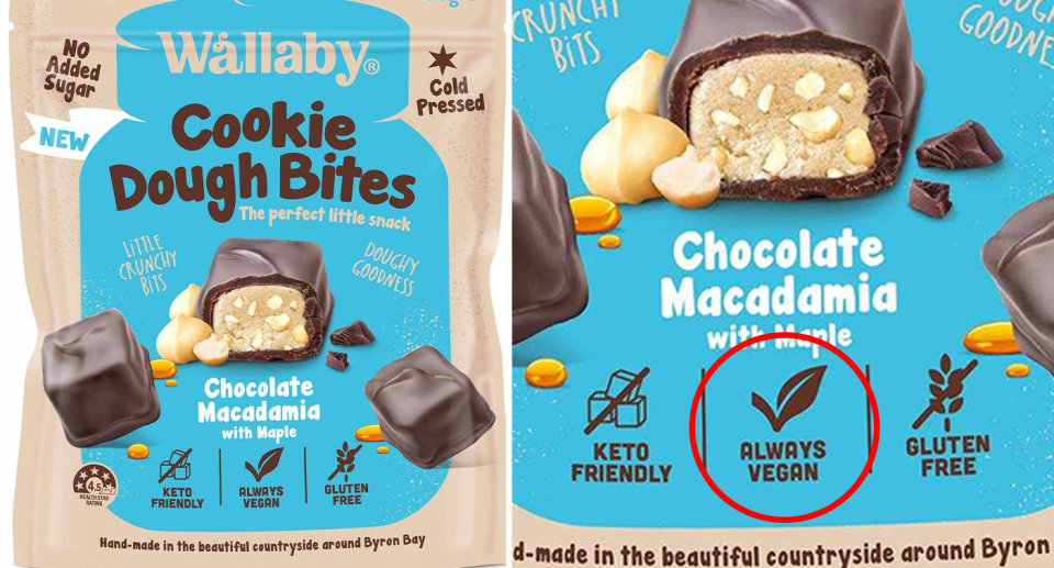 Wallaby's cookie dough bites, with a red circle around the 'always vegan' logo. 