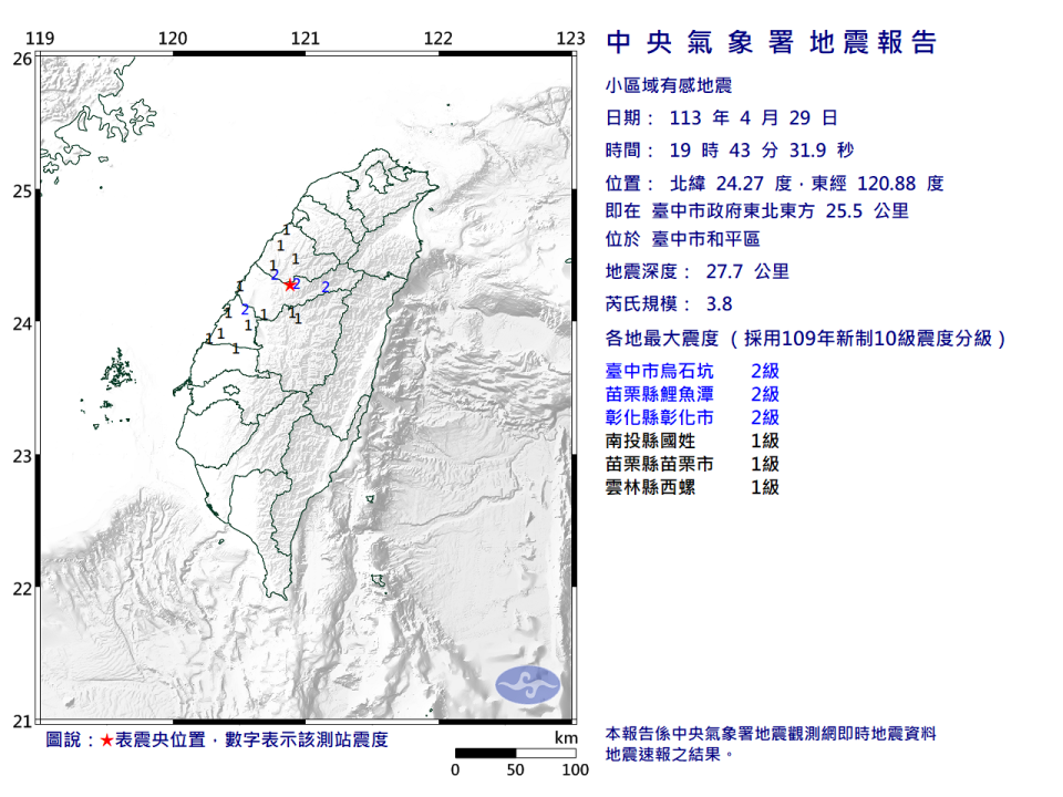 <strong>晚間7時43分發生規模3.8地震。（圖／中央氣象署提供）</strong>
