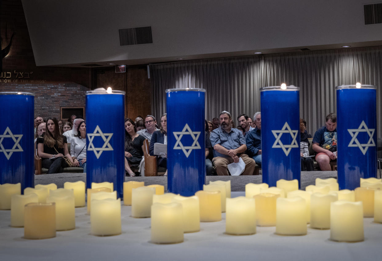 People attend a vigil at the Stephen Wise Temple in Los Angeles during the Israel-Hamas conflict.