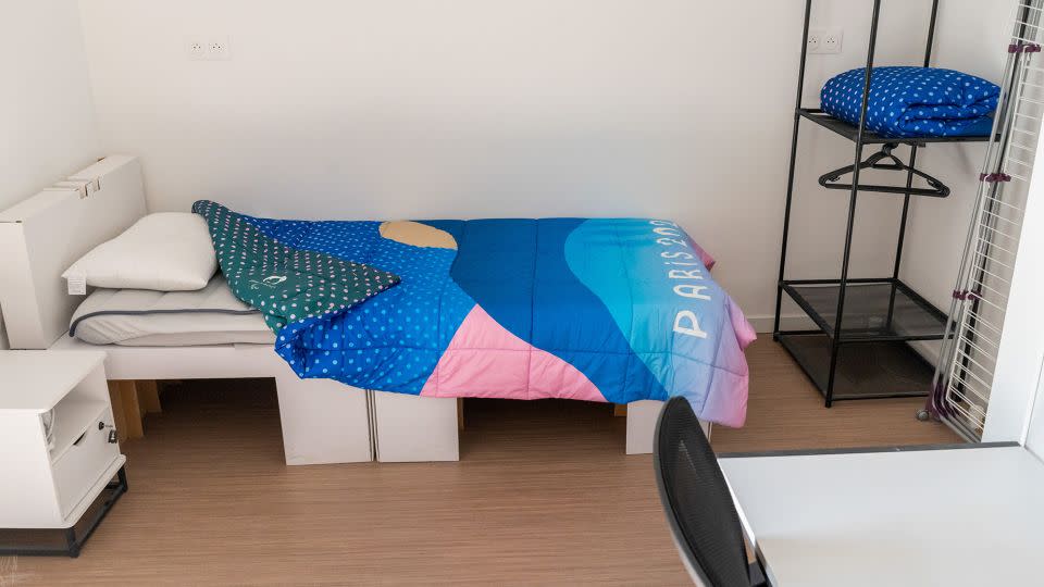 A cardboard bed inside an athletes' room at the Olympic Village in Saint-Denis, France. - Nathan Laine/Bloomberg/Getty Images