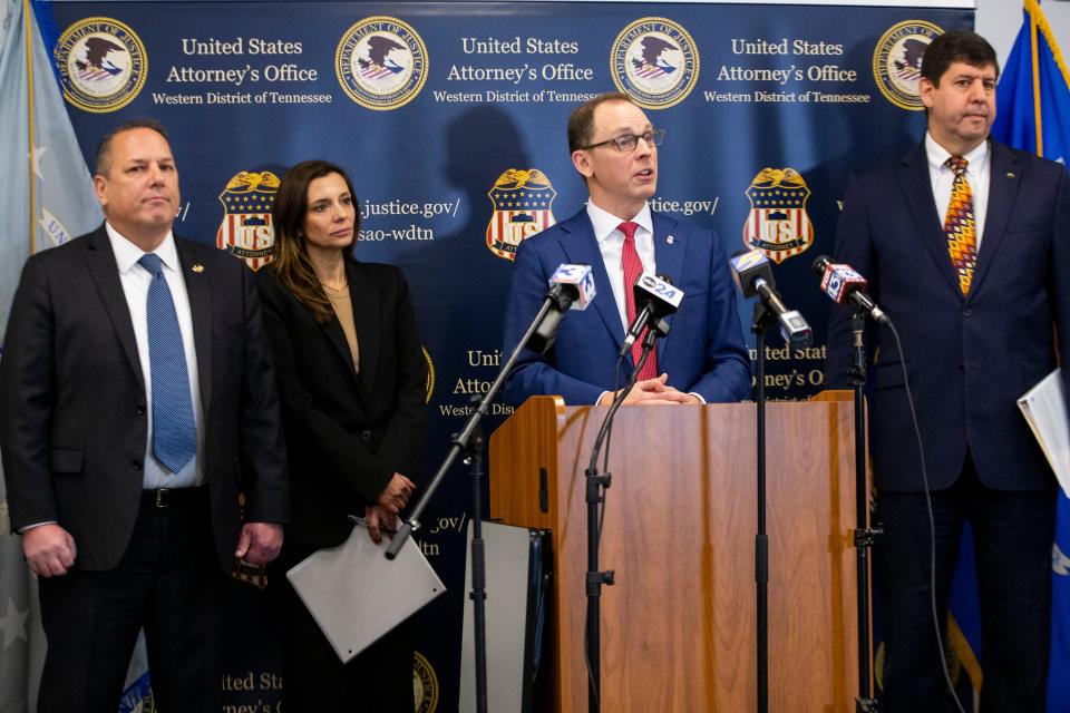 United States Attorney for the Western District of Tennessee Kevin Ritz speaks while surrounded by FBI Memphis Special Agent in Charge Douglas DePodesta, Acting Assistant Attorney General of the Justice Department’s Criminal Division Nicole Argentieri and ATF Director Steven Dettelbach at a press conference announcing the Violent Crime Initiative is being brought to Memphis in Memphis, Tenn., on Tuesday, November 28, 2023.