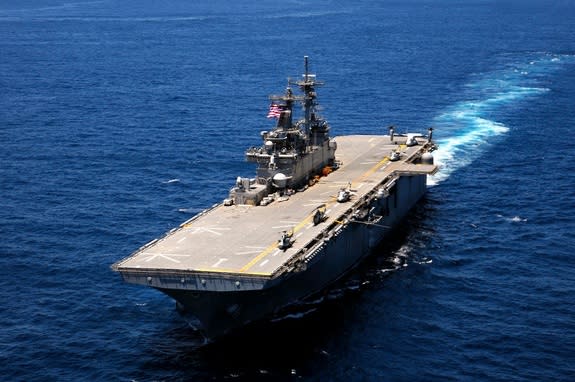 The USS Wasp, an amphibious assault ship, is one of three ships deployed to help storm recovery efforts in New York and New Jersey after Hurricane Sandy. Here it participates in the War of 1812 fleet exercise in June 2012.