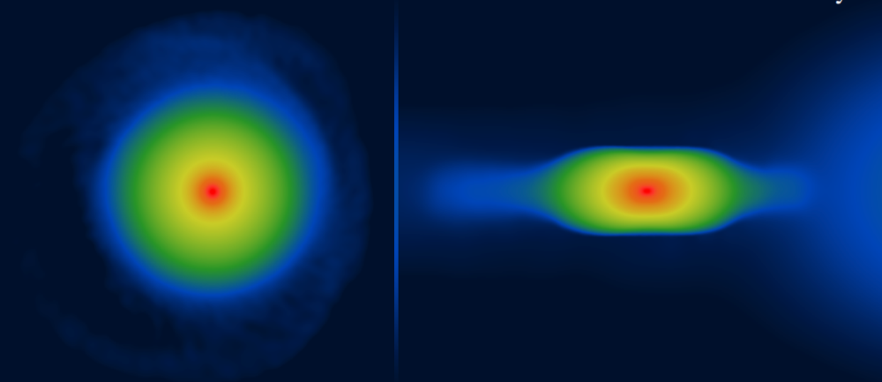 Simulated young planet as viewed from the top, left, and from the side, right