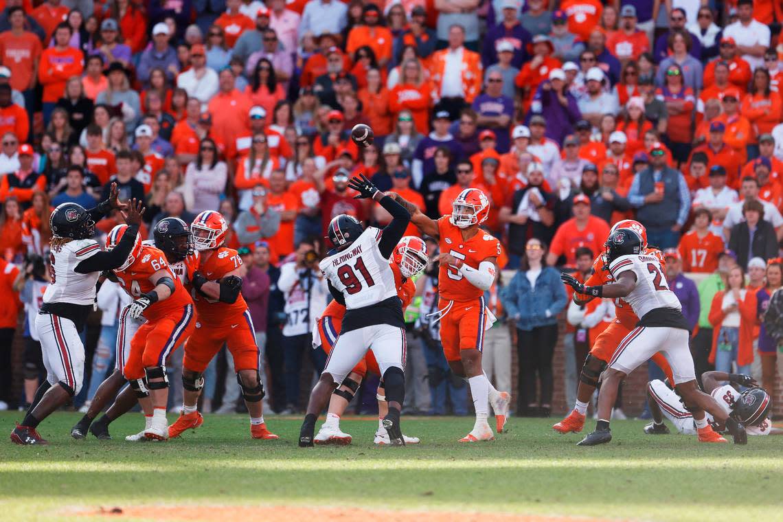 Clemson Tigers quarterback DJ Uiagalelei (5) on Saturday, November 26, 2022. The Gamecocks won 31 to 30.