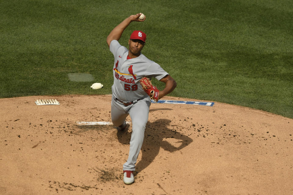 St. Louis Cardinals starter Johan Oviedo delivers a pitch during the first inning of a baseball game against the Chicago Cubs, Monday, Sept. 7, 2020, in Chicago. (AP Photo/Paul Beaty)