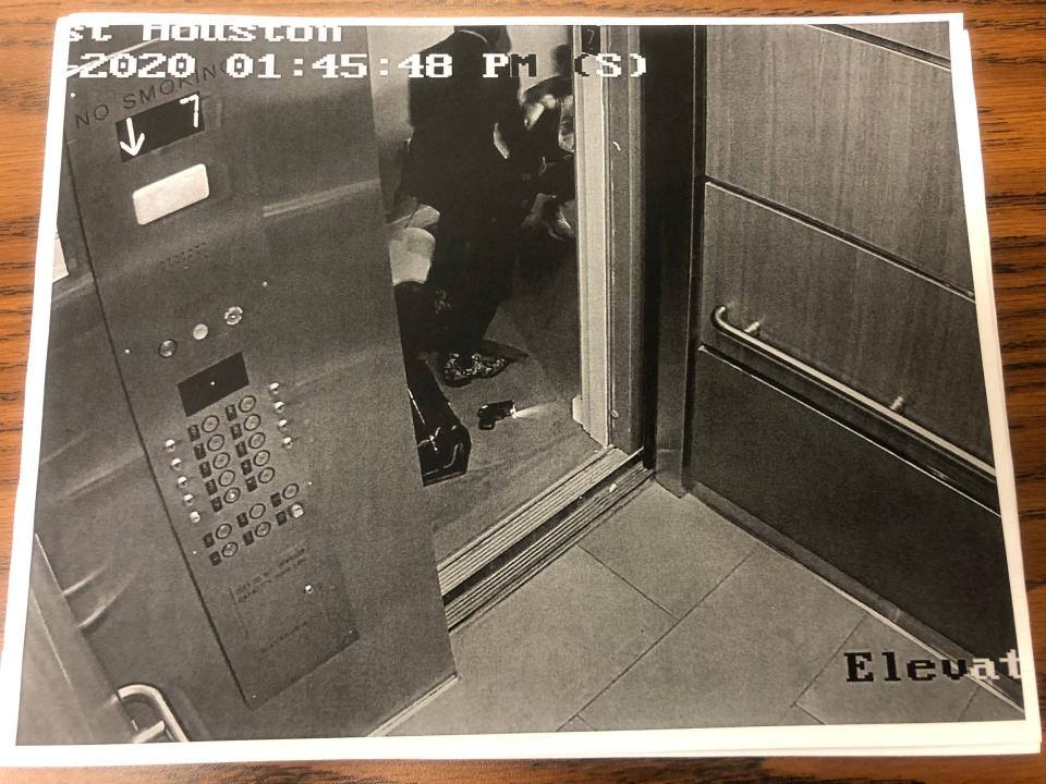 A crime scene photo showing tech CEO Fahim Saleh under attack by his killer just inside the victim's Manhattan condominium.