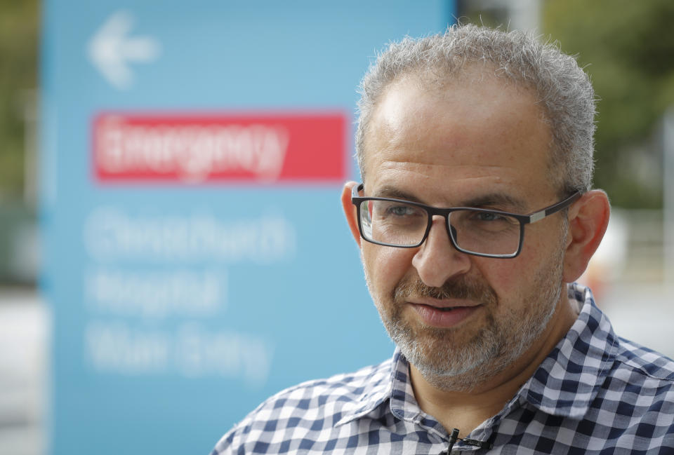 In this Thursday, March 21, 2019, photo, Dr. Adib Khanfer, surgeon of hospital Christchurch speaks during an interview with The Associated Press in Christchurch, New Zealand. Khanafer says he was in shock last Friday when he walked into the operating theater and saw a 4-year-old girl on the table who had suffered gunshot wounds so severe she’d been in cardiac arrest for 30 minutes before stabilizing. Khanafer, who is Muslim, knew some of the 50 people killed in last week’s attacks at two Christchurch mosques. The surgery was successful, although the girl remains in critical condition. (AP Photo/Vincent Thian)