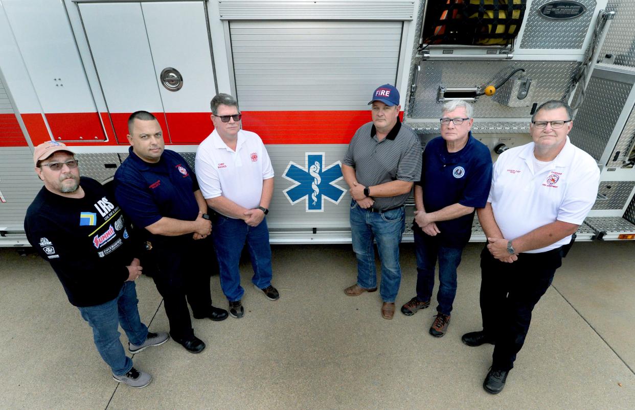 First responders recall the deadly May dust storm  on Interstate 55. From left to right, Dan Hough, deputy director, Montgomery County Emergency Management Agency; Joe Bolletta, assistant fire chief Chatham Fire Department; Randy Rhodes, chief, Divernon Fire Department; Brian Byers, assistant chief Farmersville/Waggoner Fire Department;  Kevin Schott, director, Montgomery County Emergency Management Agency;  and Bill Rose, division chief, Chatham Fire Department.