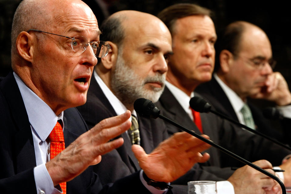 From left: Treasury Secretary Henry Paulson, Federal Reserve Board Chairman Ben Bernanke, Securities and Exchange Commission Chairman Christopher Cox and Federal Housing Finance Agency Director James Lockhart III testify during a hearing before the Senate Banking, Housing and Urban Affairs Committee on Sept. 23, 2008. The Bush administration officials were testifying about a proposed $700 billion bailout they hoped would stabilize the faltering U.S. financial system. (Photo: Chip Somodevilla/Getty Images)