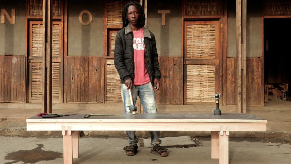 Giacamo Moor's furniture series includes tables, bunk beds and benches, like the one pictured, that were built on site by members of the school community. - Simon Onyango