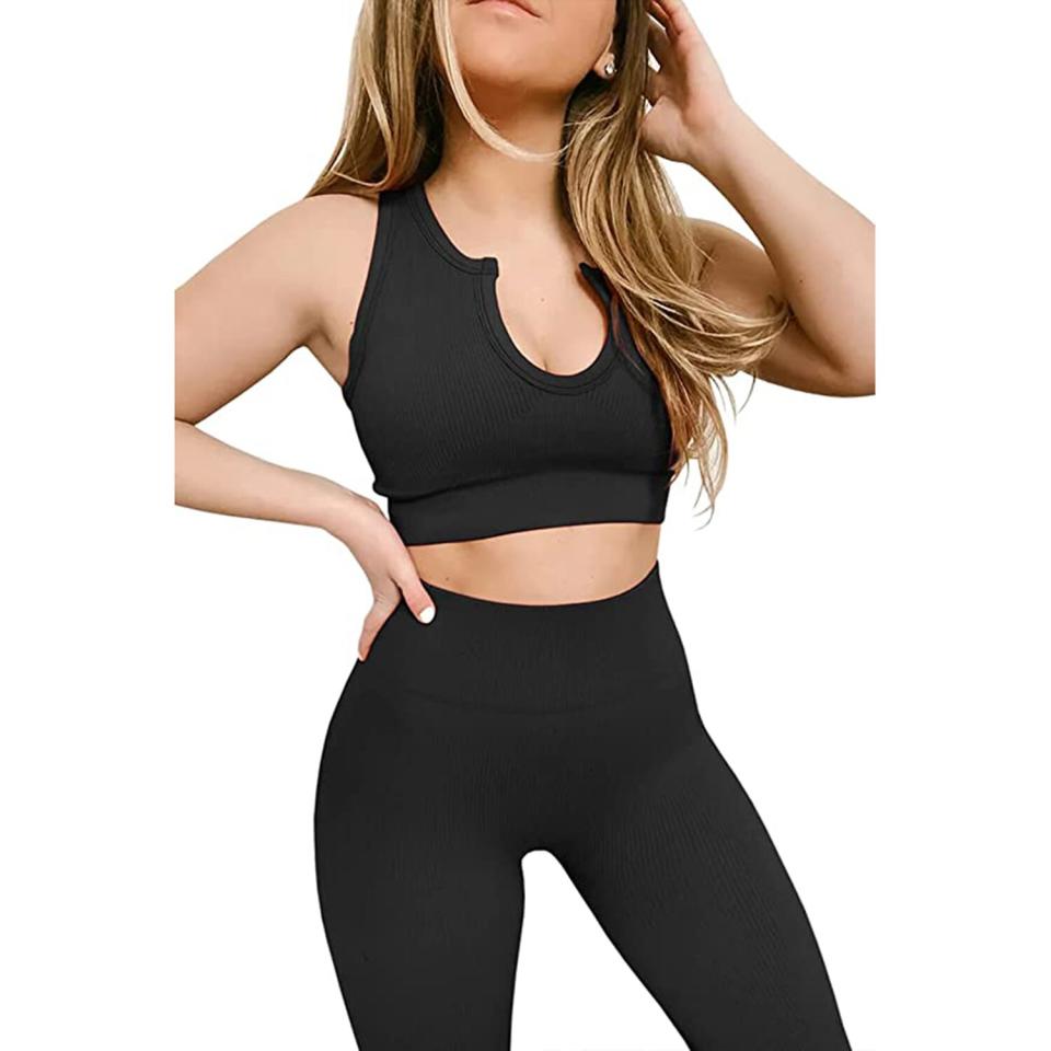 FAFOFA Workout Outfits for Women 2 Piece Ribbed Seamless Crop Tank High Waist Yoga Leggings Sets