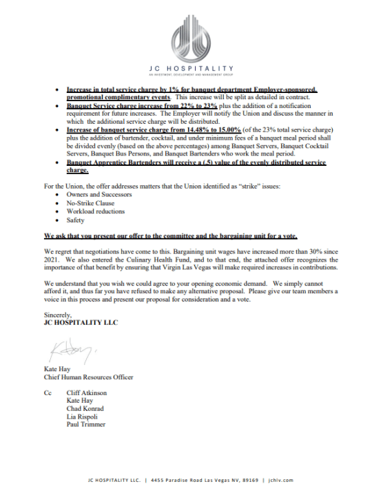 Letter sent by JC Hospitality LLC to the Culinary Union Local 226