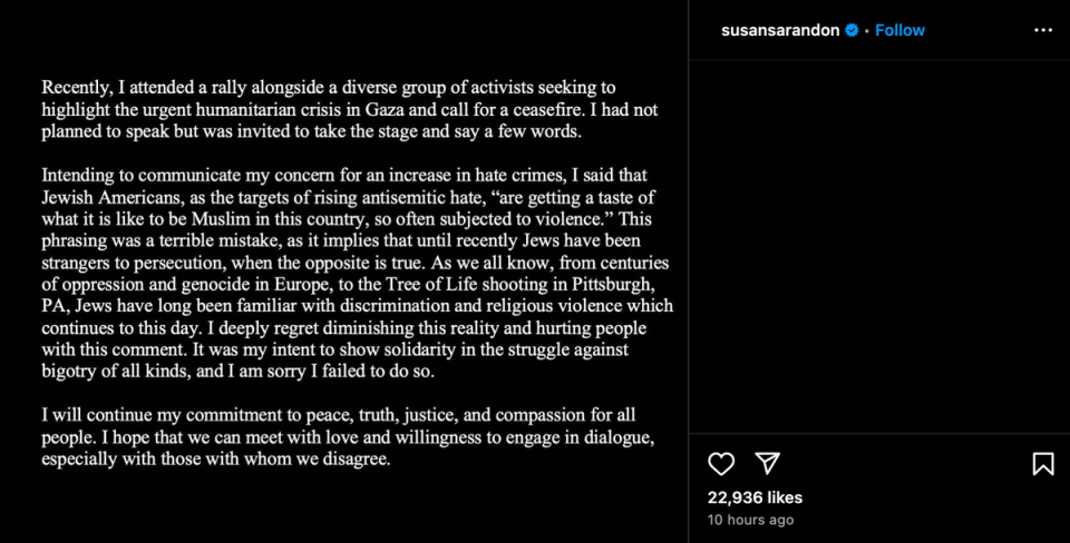 Susan Sarandon apologises for ‘terrible phrasing’ during pro-Palestine speech (Instagram)