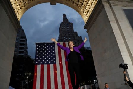 U.S. Senator and democratic presidential candidate Elizabeth Warren speaks at Washington Square Park in New York