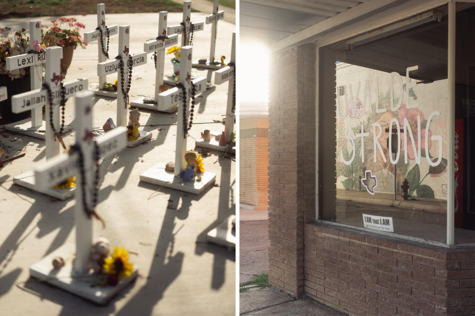 Crosses bearing the victim’s names memorialize those who died in the massacre at Robb Elementary School; A mural of Jackie Cazares is reflected in a window inscribed with the phrase “Uvalde Strong,” on April 25, 2023 in Uvalde, Texas. (Jordan Vonderhaar for NBC News)