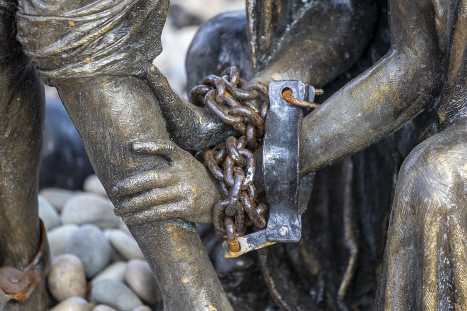 *** Note: the sculpture's name is We Am Very Cold, Am is not a typo for 'are' *** Detail of the sculpture "We Am Very Cold," by Kwame Akoto-Bamfo, bronze, 2023, during a media tour of Equal Justice Initiative's new Freedom Monument Sculpture Park, Tuesday, March 12, 2024, in Montgomery, Ala. (AP Photo/Vasha Hunt)