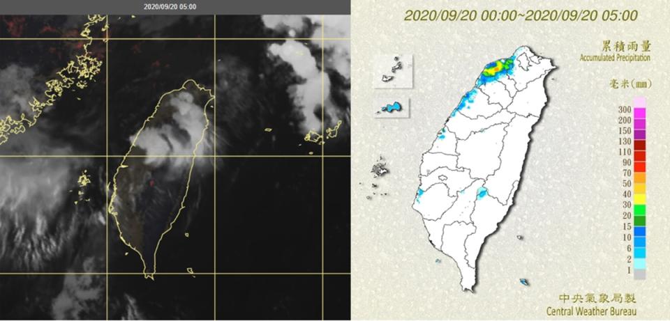 今(20日)晨5時真實色雲圖顯示，台灣受到鋒面帶上對流雲系影響(左圖)。5時累積雨量圖顯示，中部以北有局部降雨，並有局部大雨(右圖)。  