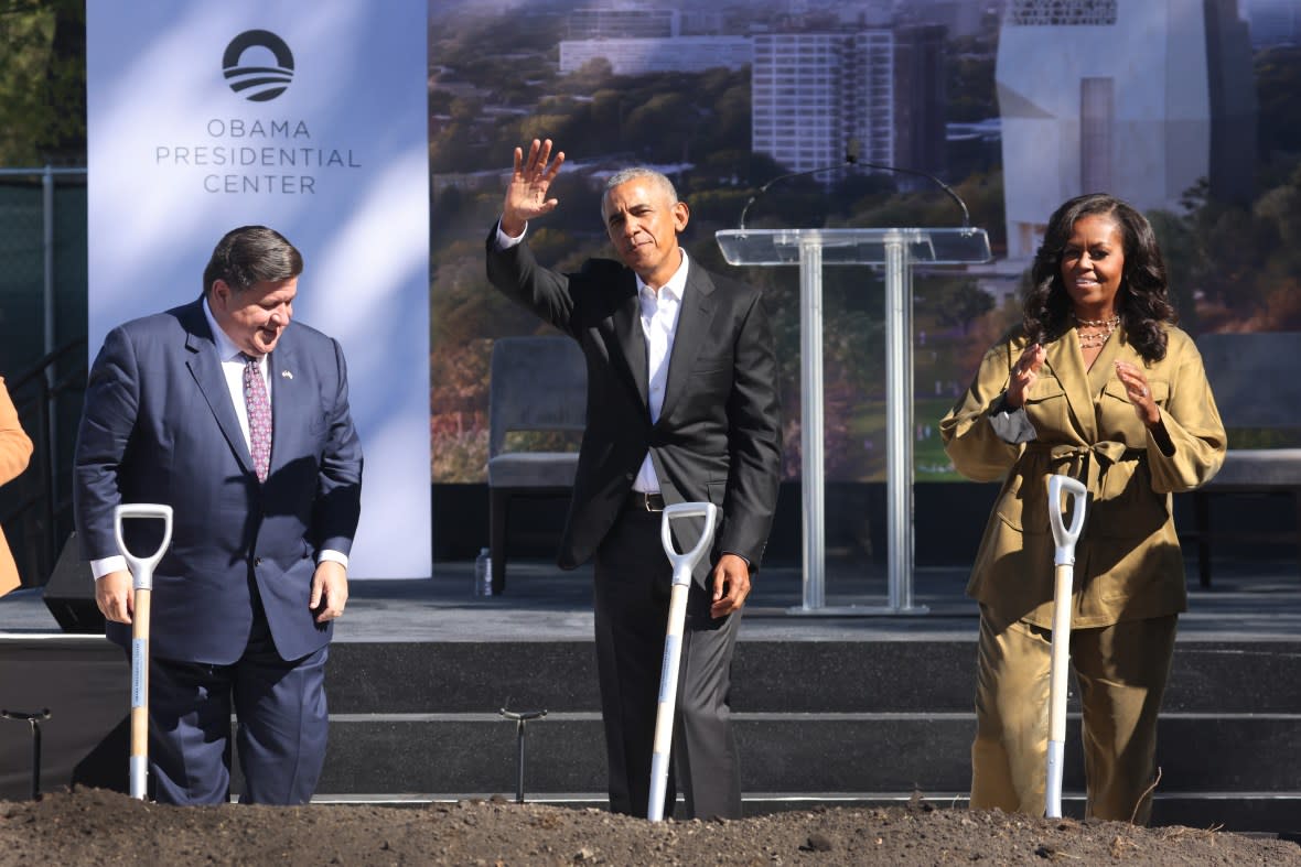 CHICAGO, ILLINOIS - SEPTEMBER 28: Illinois Gov. J.B. Pritzker (L) joins former President Barack Obama and Michelle Obama for the ceremonial groundbreaking of the Obama Presidential Center in Jackson Park on September 28, 2021 in Chicago, Illinois. Construction of the center was delayed by a long legal battle undertaken by residents who objected to the center being built in a city park. (Photo by Scott Olson/Getty Images)