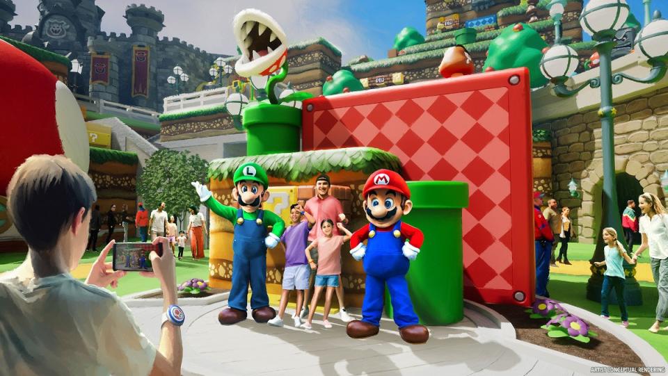 Concept art of Mario and Luigi meet and greet for Epic Universe's Super Mario Land