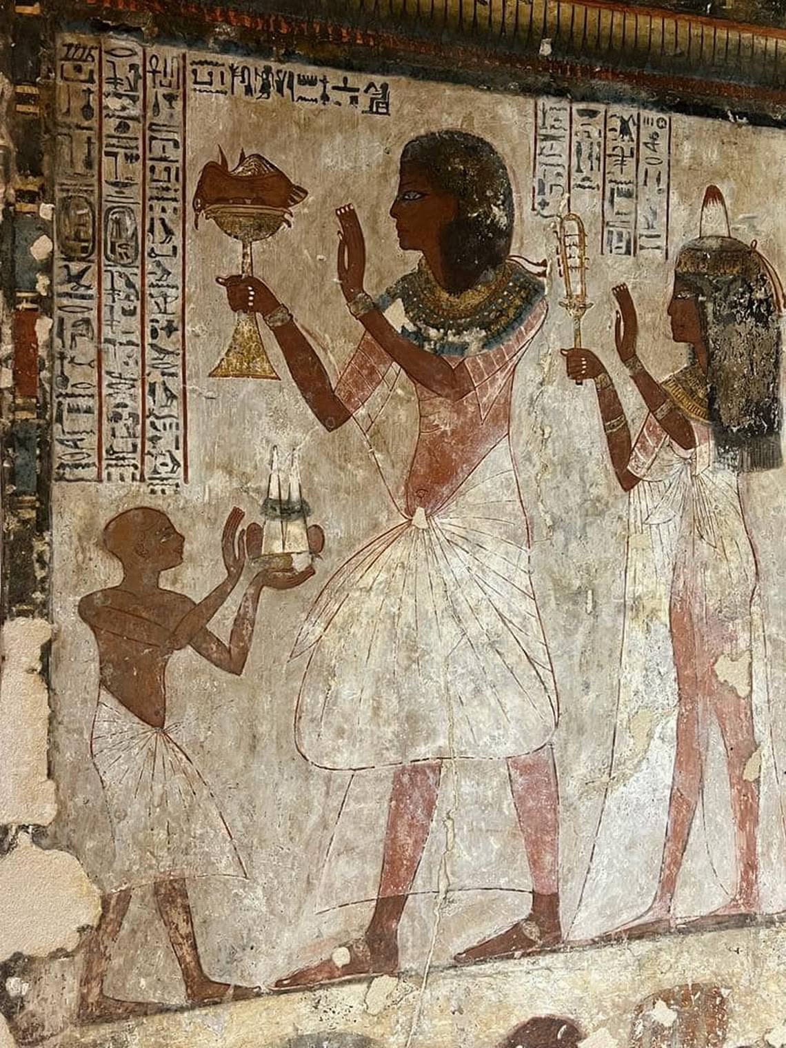 One of the restored paintings inside the tomb of Neferhotep.