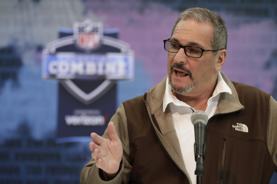 File-This Feb. 27, 2019, file photo shows New York Giants general manager Dave Gettleman speaking during a press conference at the NFL football scouting combine in Indianapolis. The Giants fired head coach Pat Shurmur on Monday, Dec. 30, 2019, just two years into a five-year contract, the Daily News has confirmed. But the Giants aren’t making sweeping changes as Gettleman is being retained by co-owners John Mara and Steve Tisch. Gettleman is expected to meet with the media on Tuesday. (AP Photo/Michael Conroy, File)