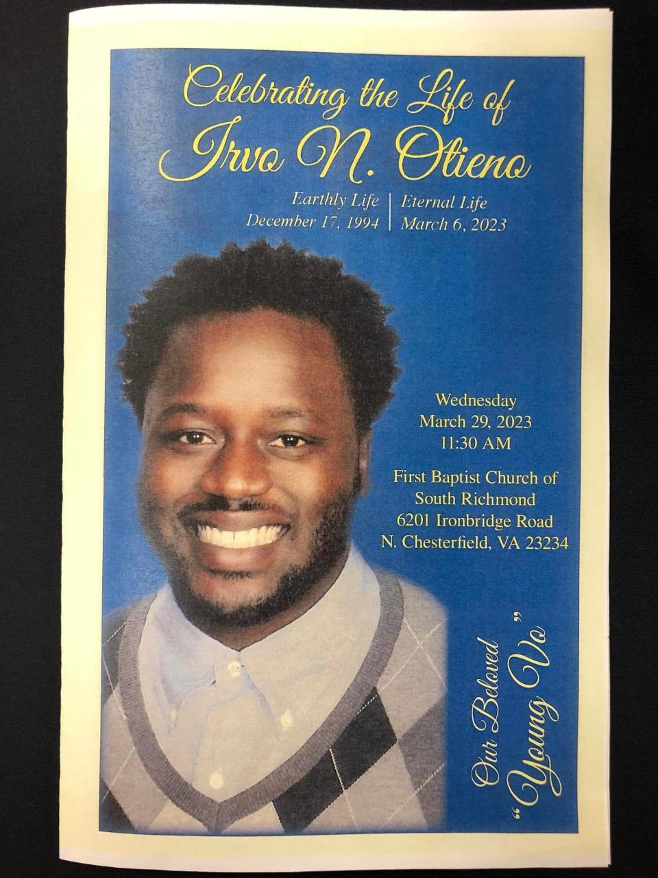 The program cover for Irvo N. Otieno's Celebration of Life service.