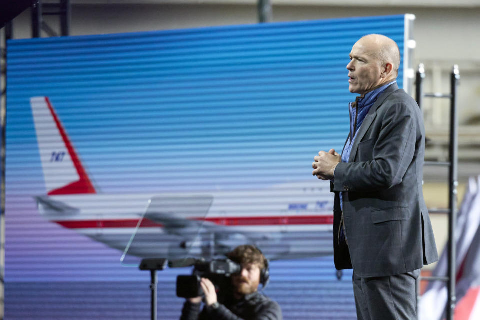 Boeing Co. CEO Dave Calhoun speaks during a ceremony for the delivery of the final Boeing 747 jumbo jet, Tuesday, Jan. 31, 2023, in Everett, Wash. Since it debuted in 1969, the 747 has served as a cargo plane, a commercial aircraft capable of carrying nearly 500 passengers, and the Air Force One presidential aircraft. (AP Photo/John Froschauer)