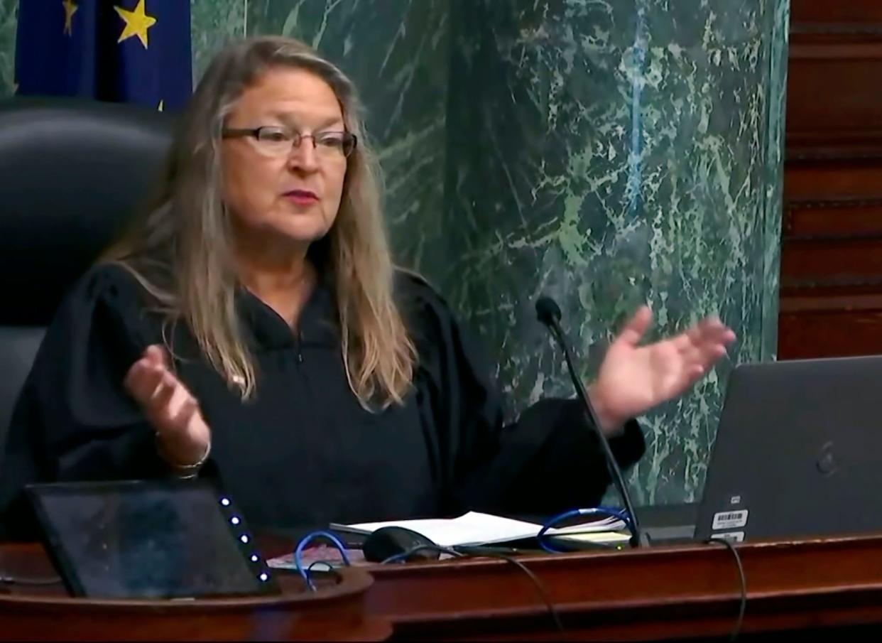 This screen shot from video shows Special Judge Frances Gull in court in Fort Wayne, Ind. on Thursday, Oct. 19, 2023. During the hearing, she said the trial for Richard Allen was expected to be delayed after his defense attorneys announced their intention to withdraw their representation. He was arrested in October 2022 and charged with two counts of murder in the 2017 slayings of 13-year-old Abigail Williams and 14-year-old Liberty German. He has pleaded not guilty to the charges. His trial was originally scheduled for January.