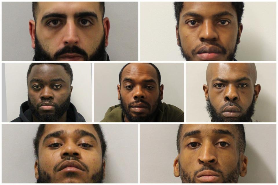Firat Tato (top left), Omari Knight (top right), Sahid Kpaka (middle left), Andre Brown-Watson (middle), Kadeem Hibbert (middle right), Courtney Forrester (bottom left) and Bruce Hutchinson (bottom right) have all been jailed over their part in the killing (Met Police)