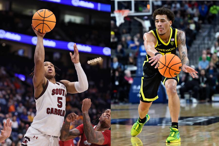 LEFT: Meechie Johnson #5 of the South Carolina Gamecocks shoots the ball against the Arkansas Razorbacks in the SEC second round. RIGHT: Jadrian Tracey #22 of the Oregon Ducks handles the ball against the Colorado Buffaloes in the PAC-12 championship game.