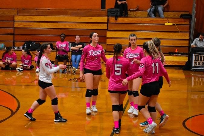 The Diman volleyball team celebrates a point during the regular season. The Bengals clinched a share of the Mayflower Athletic Conference title after beating Southeastern.