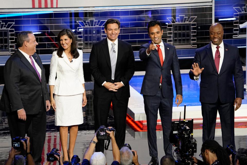 Former New Jersey Gov. Chris Christie, Former South Carolina Gov. Nikki Haley, Florida Gov. Ron DeSantis, Businessperson Vivek Ramaswamy and Senator Tim Scott of South Carolina before the start of the Republican National Committee presidential primary debate hosted by NBC News at Adrienne Arsht Center for the Performing Arts of Miami-Dade County.