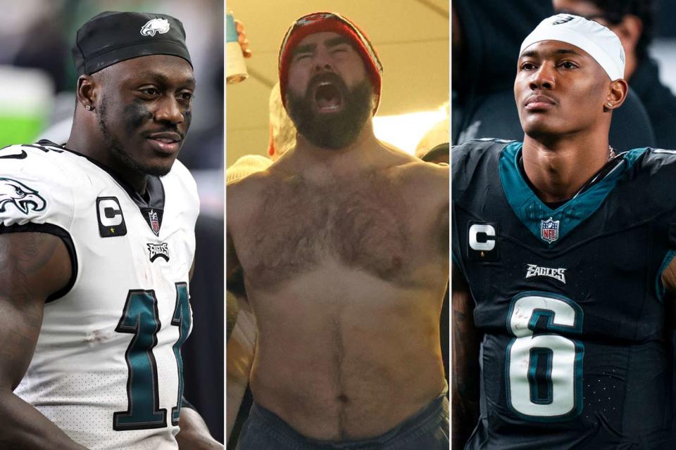 <p>AP (3)</p> Jason Kelce;  DeVonta Smith and AJ Brown