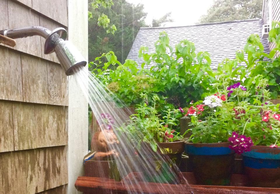 A quintessential Cape Cod outdoor shower in full bloom during a rainstorm on July 12, 2019.