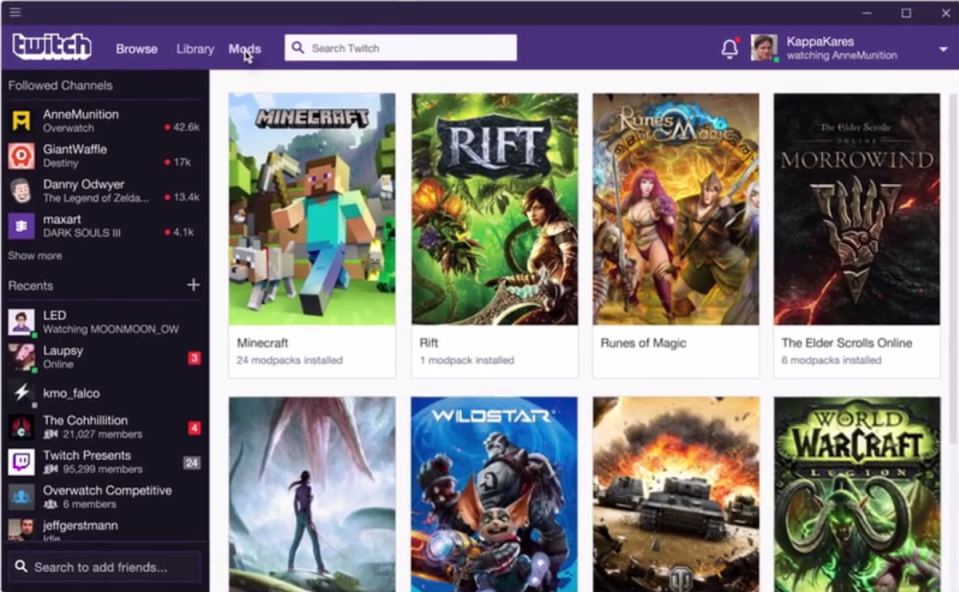 Twitch 桌面 App 包含知名的遊戲 Mod 社群 CurseForge。