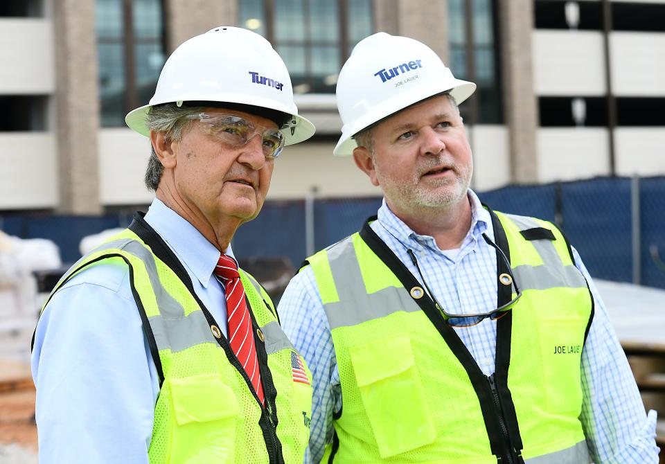 Spartanburg County and construction officials toured the new county courthouse under construction on Aug.11, 2022.  David Britt Spartanburg County District 3 and vice-chairman, left, and Joe Lauer of Clerestory Projects Group, Inc. on the tour. 