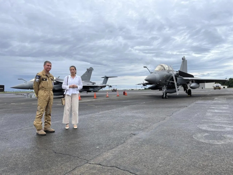 Air Force French air force Brig. Gen. Guillaume Thomas, left, and French Ambassador to Manila Marie Fontanel stand in front of French-made Rafale fighter jets as a nannual French air force mission called Pagase takes place at Clark air base, in Pampanga Province, north of Manila, Philippines, Sunday July 28, 2024. (AP photo/Jim Gomez)