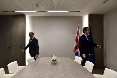 Britain's Prime Minister David Cameron (R) holds a bilateral meeting with European Council President Donald Tusk after a EU-Turkey summit in Brussels, Belgium November 29, 2015. REUTERS/Eric Vidal