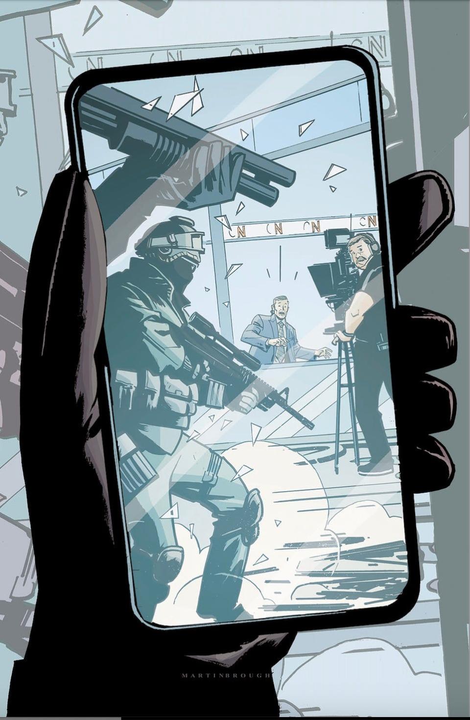 An image from "1/6," a graphic novel," being released on the second anniversary of the Jan. 6, 2021 attack on the U.S. Capitol. It uses the speculative fiction genre and the format of comic books to tell a story of what might have happened if the insurrection to overturn the 2020 presidential election results had been successful.