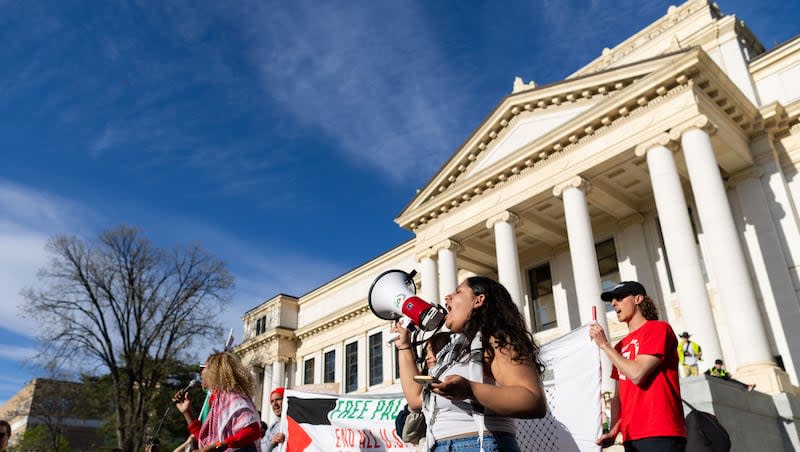 Demonstrators gather in support of Palestine and to defend the right for students to assemble and protest at the University of Utah in Salt Lake City on Tuesday, April 30, 2024.