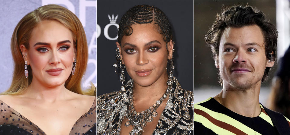 This combination of photos shows top nominees for the Gramy Awards, from left, Adele, Beyonce and Harry Styles. (AP Photo)