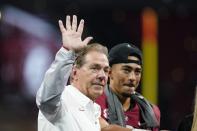 Alabama head coach Nick Saban waves to fans after the Southeastern Conference championship NCAA college football game between Georgia and Alabama, Saturday, Dec. 4, 2021, in Atlanta. Alabama won 41-24. (AP Photo/Brynn Anderson)