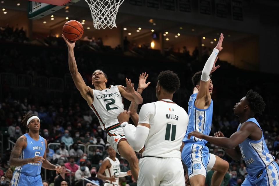 Miami guard Isaiah Wong glides to the basket against North Carolina on Tuesday night.