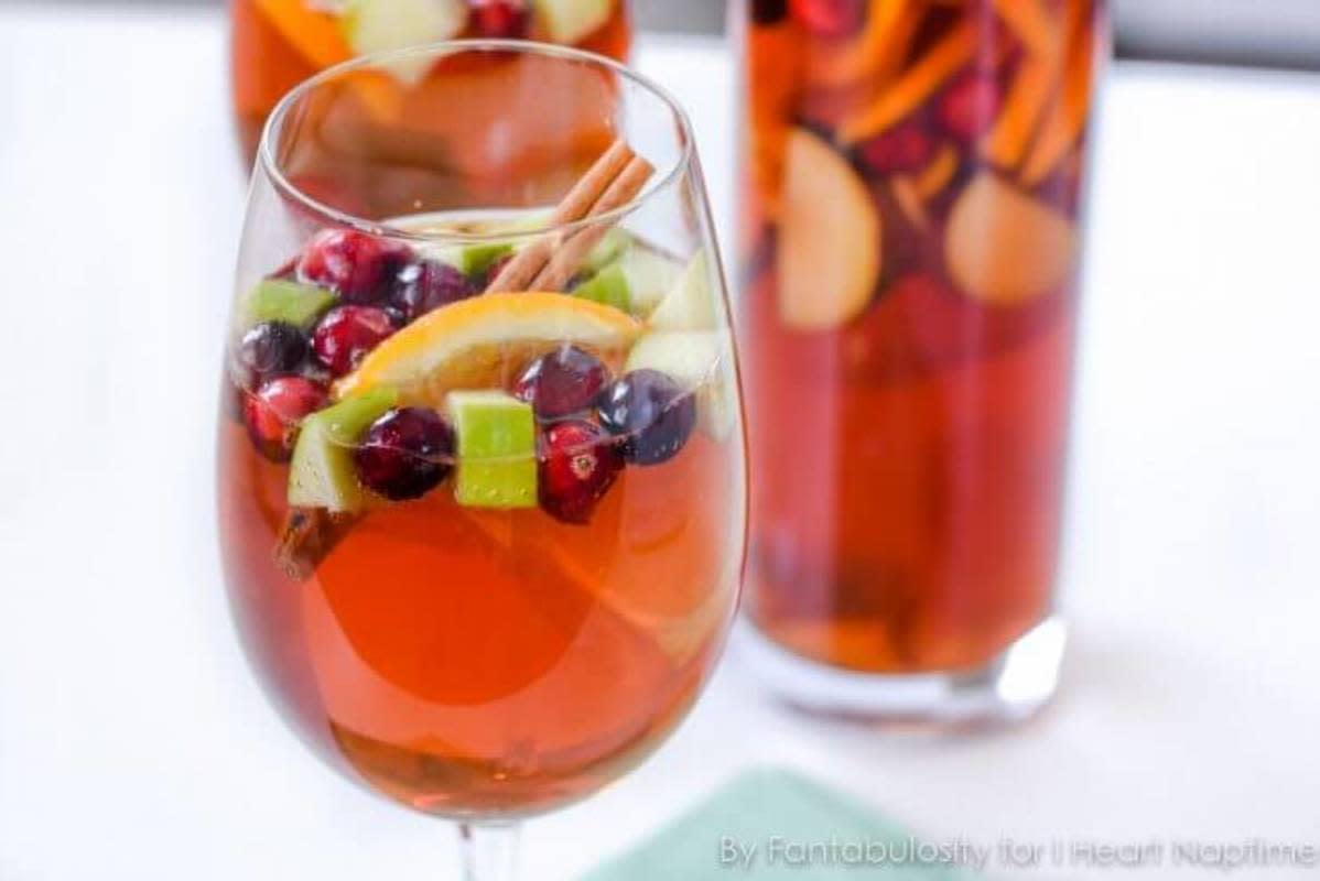 <p>I Heart Naptime</p><p>Filled with cranberry, sparkling grape juice and chopped fruit.</p><p><strong>Get the recipe: </strong><a href="https://www.iheartnaptime.net/holiday-sangria-mocktail/" rel="nofollow noopener" target="_blank" data-ylk="slk:Holiday Sangria Mocktail;elm:context_link;itc:0;sec:content-canvas" class="link rapid-noclick-resp"><strong>Holiday Sangria Mocktail</strong></a></p>