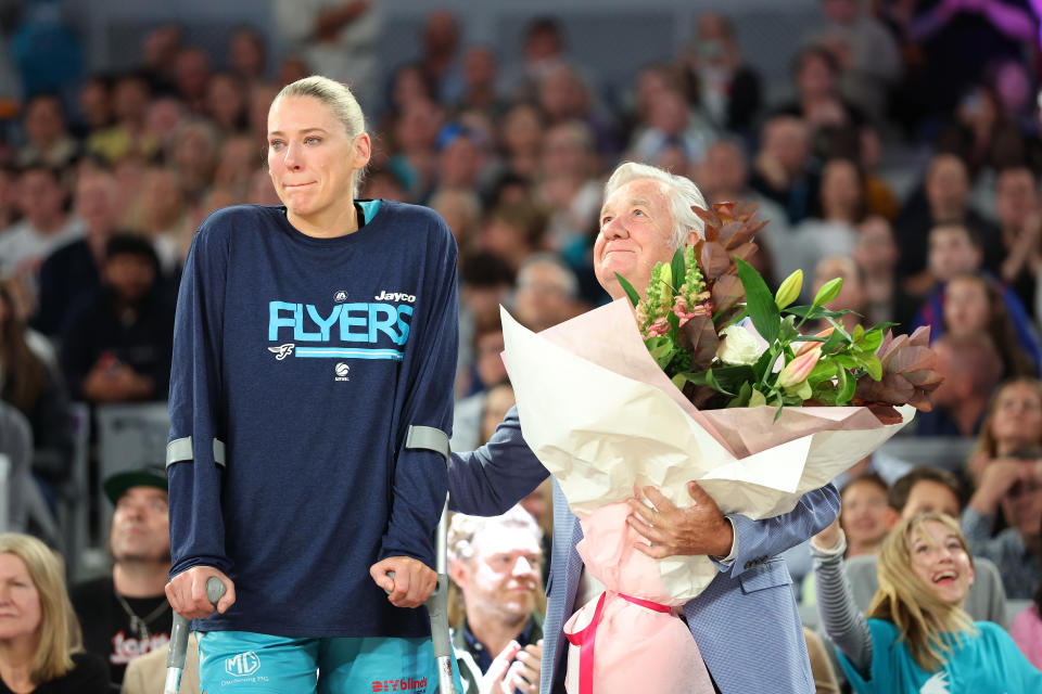 Lauren Jackson, pictured here being honoured at John Cain Arena after the Southside Flyers' clash with the Sydney Flames.