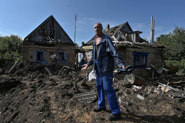 PHOTO: Local resident Volodymyr Bokii, 69-year-old, stands next to his house damaged by a Russian ballistic missile strike, amid Russia's attack on Ukraine, in the town of Kushuhum, Zaporizhzhia region, Ukraine July 3, 2023. (Reuters)