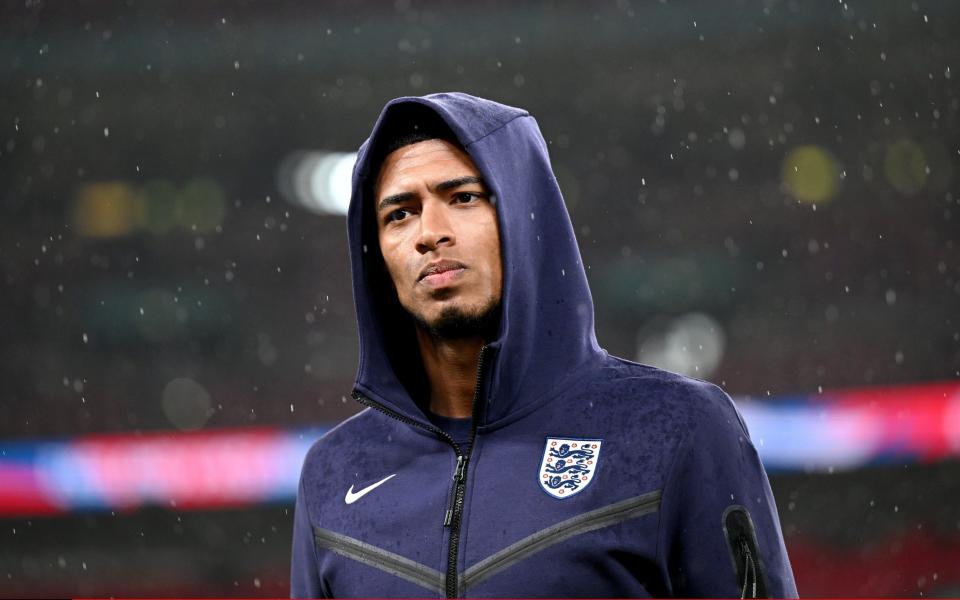 Jude Bellingham of England looks on prior to the international friendly match between England and Belgium