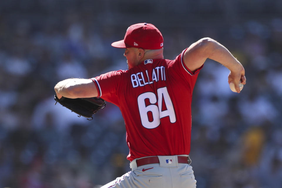 Philadelphia Phillies relief pitcher Andrew Bellatti works against the San Diego Padres in the ninth inning of a baseball game Sunday, June 26, 2022, in San Diego. (AP Photo/Derrick Tuskan)